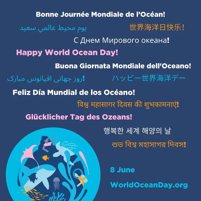 "Happy World Ocean Day!" written in multiple languages