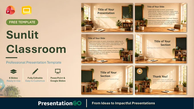 Sunlit Classroom template preview with six warm education slides, books, plants, chalkboard details, and soft sunlight.
