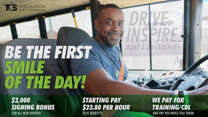 Be the first smile of the day! Hiring bus drivers ad.