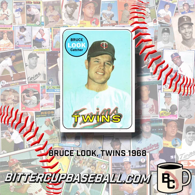The 1969 Topps Bruce Look “mystery” card — he only played ONE MLB season (1968 @Twins catcher, .246 AVG, 29 hits in 59 games) yet still got a rookie card the next year! Michigan State star turned big-league backup behind Roseboro.
