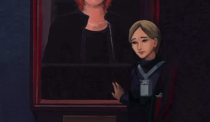 The character Emily Pope, a blond woman with short hair from the video game control and its sequel, control resonant, is looking down mournfully and has a hand on the painting of her friiend and director, Jesse Faden, who is the protagonist of control and currently missing.