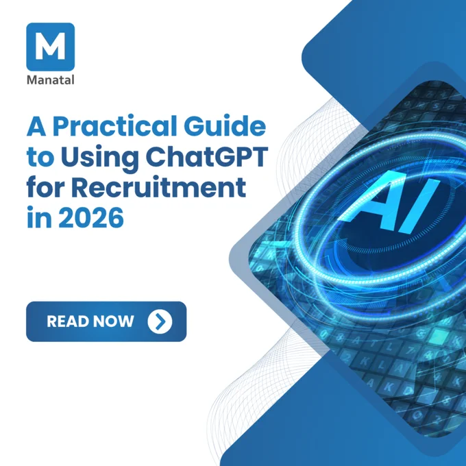 Promotional graphic for Manatal's guide on using ChatGPT in recruitment by 2026, featuring futuristic AI imagery.