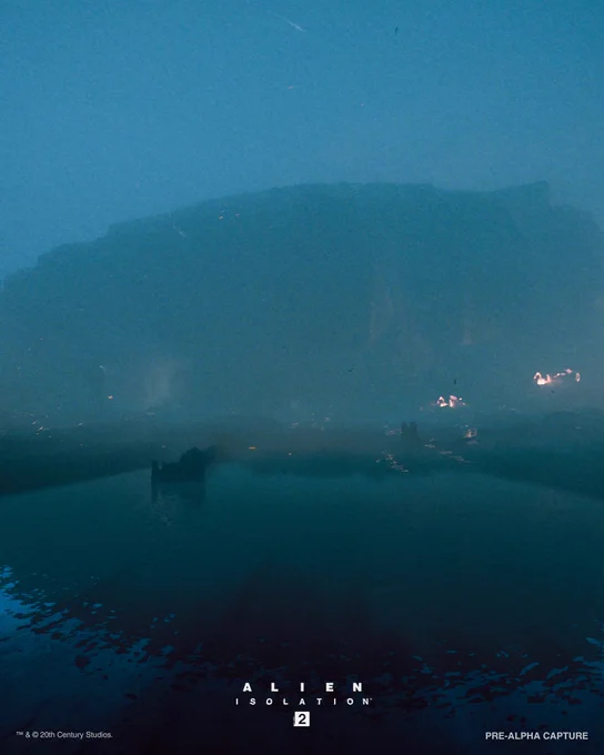 A crashed vessel atop a river. The sky and overall atmosphere are a dark blue. Alien Isolation 2.