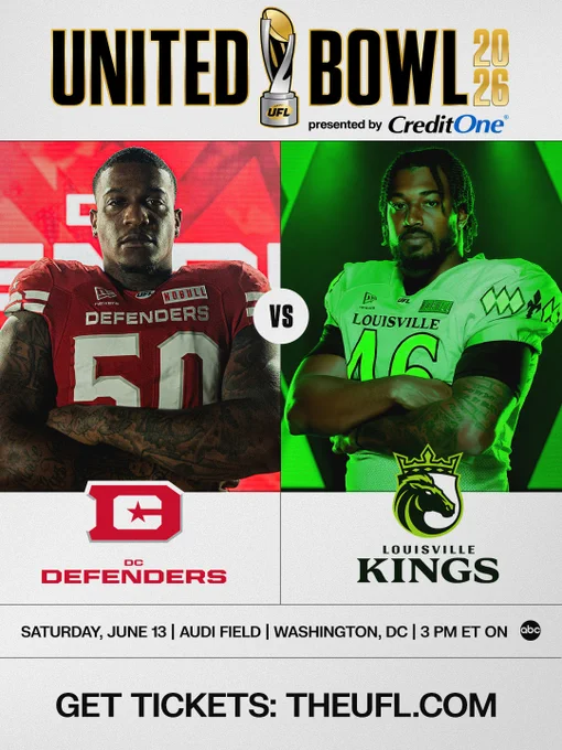 Promotional image for the United Bowl 2026 featuring the DC Defenders vs Louisville Kings. The event is scheduled for Saturday, June 13 at Audi Field, Washington, DC, airing on ABC.