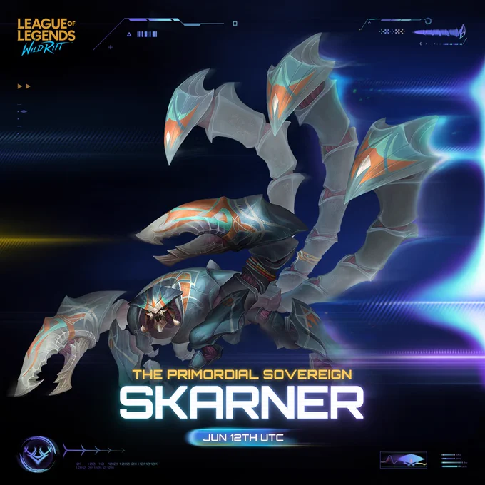 Poster announcing the arrival of Skarner, the Primordial Sovereign on June 12th UTC.

