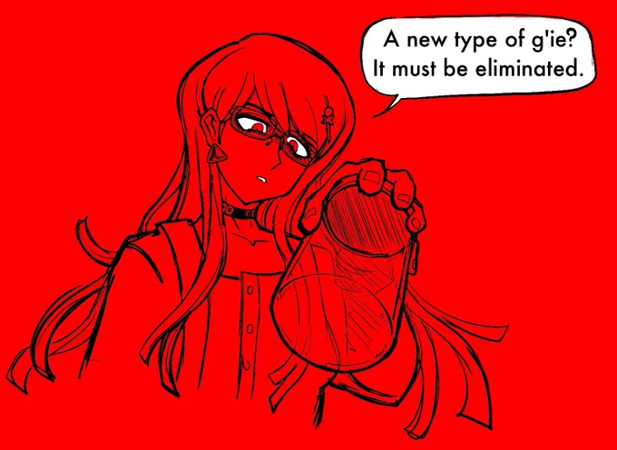 Hiruko holding a jar saying, "A new type of g'ie? It must be eliminated."