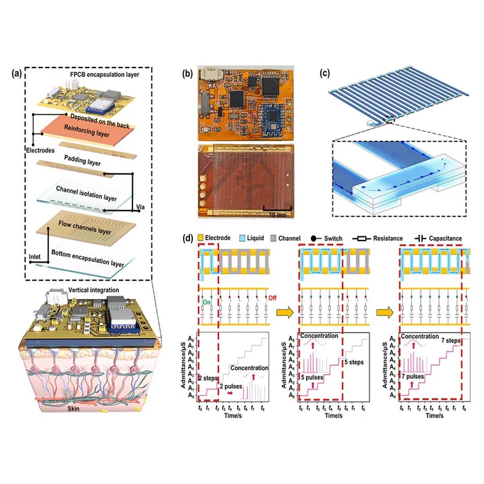 Vertically integrated microfluidic sweat sensors encapsulated under a structure-reinforced FPCB with reusable sensing electrodes
