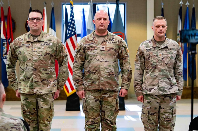 15th Signal Brigade Commander, Col. William Chercauskus, Maj. Todd Donaldson, and Maj. Kevin F. Plude, at the Headquarters and Headquarters Detachment (HHD), U.S. Army Cyber Center of Excellence,  Change of Command ceremony, 4 June 2026. Photo by Staff Sgt. Xavier Legarreta, CCoE Public Affairs
