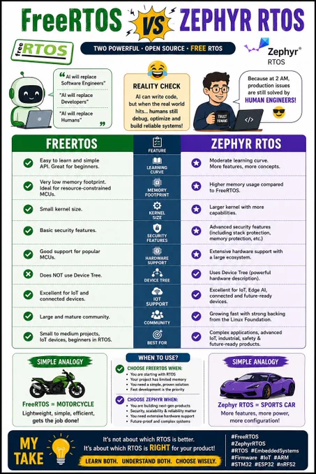 FreeRTOS vs Zephyr RTOS! ⚡

🏍️ FreeRTOS (Motorcycle): 
Lightweight & simple 
Low memory footprint 
Best for beginners & small MCUs

🏎️ Zephyr (Sports Car): 
Feature-rich & scalable 
Advanced security & Device Tree 
Best for complex IoT

💡 Choose wisely! 
#IoT #Embedded