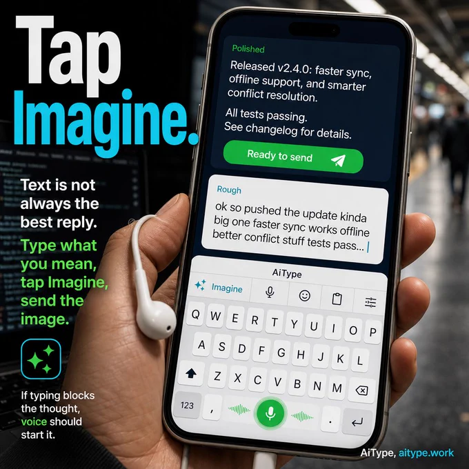 Phone screen showing AiType keyboard turning a rough spoken developer note into a clean release update message with mic control and Imagine button visible, set in a transit cafe scene with earbuds in hand.