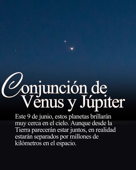 Una imagen de la conjunción de Venus y Júpiter. El texto superpuesto explica este fenómeno astronómico. 