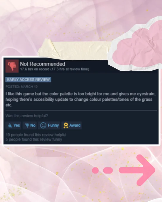 A Steam review screenshot marked "Not Recommended." The reviewer says they enjoy the game but find the bright color palette causes eye strain and hope for accessibility options to adjust grass and environment colors.