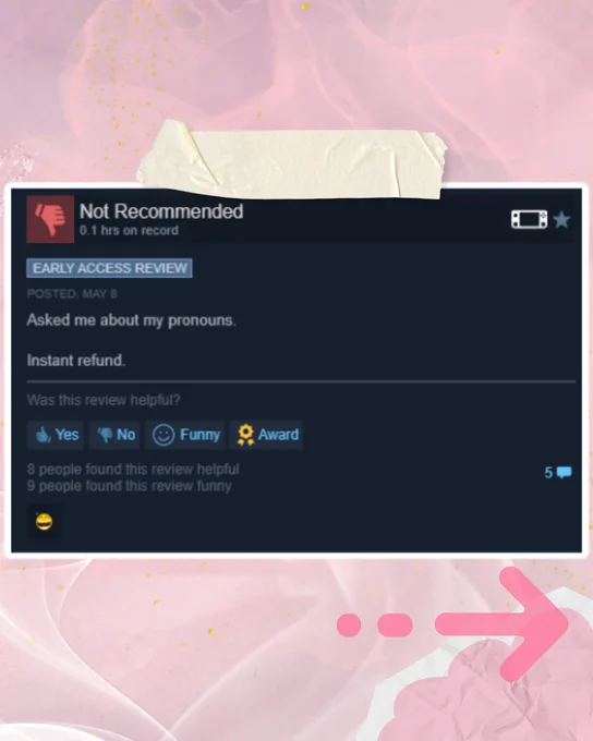 A Steam review screenshot marked "Not Recommended." The reviewer states they refunded the game immediately because it asked for their pronouns during character creation.
