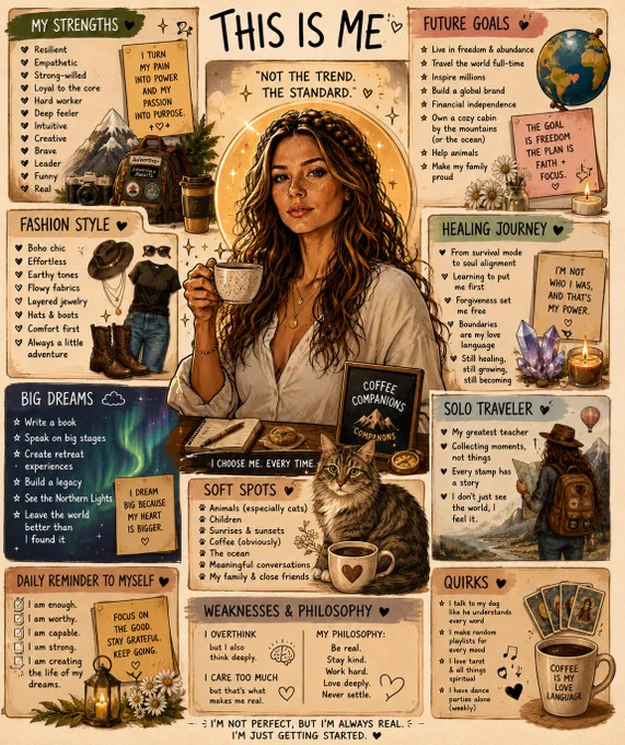 Gather everything you know about me from our conversations and create an infographic. Do it in a cartoon style, use my photo as reference. Reflect my strengths, future goals, fashion style, healing journey, my big dreams, solo traveler, soft spots, daily reminder to my self, weaknesses philosophy, and quirks."