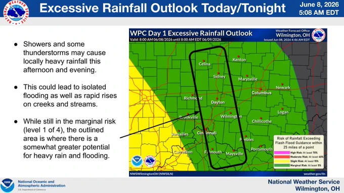 Map showing the excessive rainfall outlook for today and tonight with a marginal risk across most of the region.