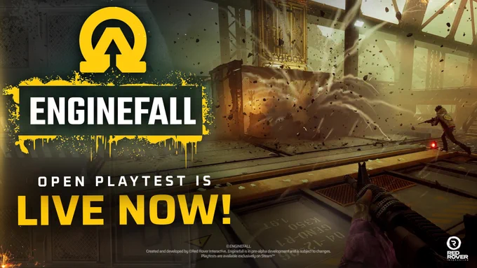 Promotional image for Enginefall showcasing an intense action scene with the playtest going live. The atmosphere is dramatic and energetic, highlighting the explosive gameplay experience.
