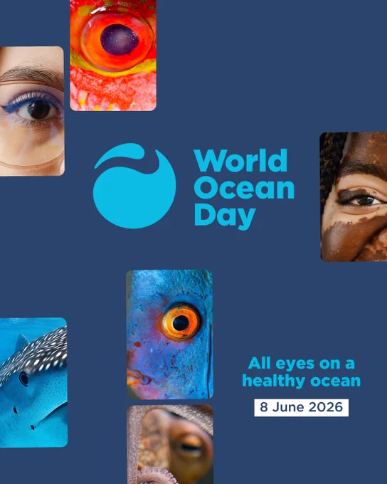  Navy background with scattered images of human and fish eyes. Blue world ocean day logo in the centre and text in the bottom right corner that reads 'all eyes on a healthy ocean 8th June 2026'.