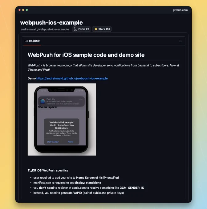GitHub README screenshot for andreinwald/webpush-ios-example