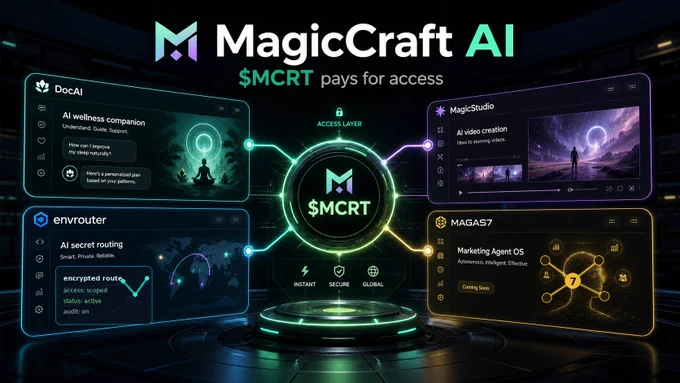 Campaign visual for MagicCraft AI showing $MCRT as an access layer connected to DocAI, MagicStudio, envrouter, and MAGAS7 product panels.