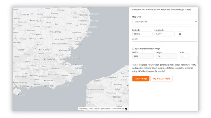 Stadia Maps map builder with controls for style, coordinates, and export.