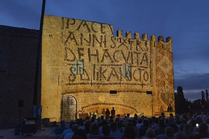 Façana del Museu il·luminada amb un mosaic mentre es fa l'espectacle 