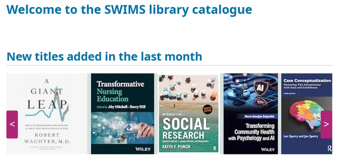 screenshot of new books in the SWIMS library catalogue including A Giant Leap by Robert Wachter