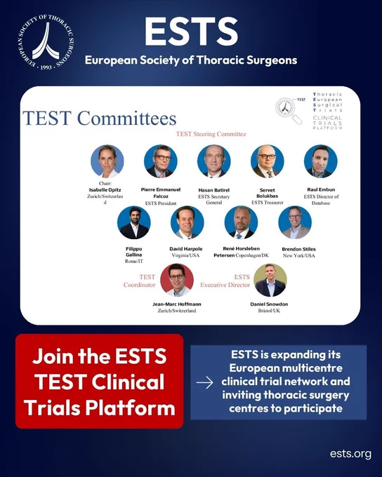 ESTS graphic showing the TEST Committees and Steering Committee members with headshots and names, including Isabelle Opitz, Pierre Emmanuel Falcoz, Hasan Batirel, Servet Bolukbas, Raul Embun, Filippo Gallina, David Harpole, René Horsleben Petersen, Brendon Stiles, Jean-Marc Hoffmann, and Daniel Snowdon. Text invites thoracic surgery centres to join the ESTS TEST Clinical Trials Platform and participate in the expanding European multicentre clinical trial network.

