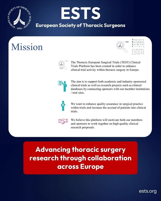 ESTS graphic titled “Mission” describing the purpose of the TEST Clinical Trials Platform: to enhance clinical trial activity in thoracic surgery in Europe, support academic and industry-sponsored trials and research projects, improve quality assurance and patient accrual, and encourage collaboration between members and sponsors. A red banner reads: “Advancing thoracic surgery research through collaboration across Europe.”