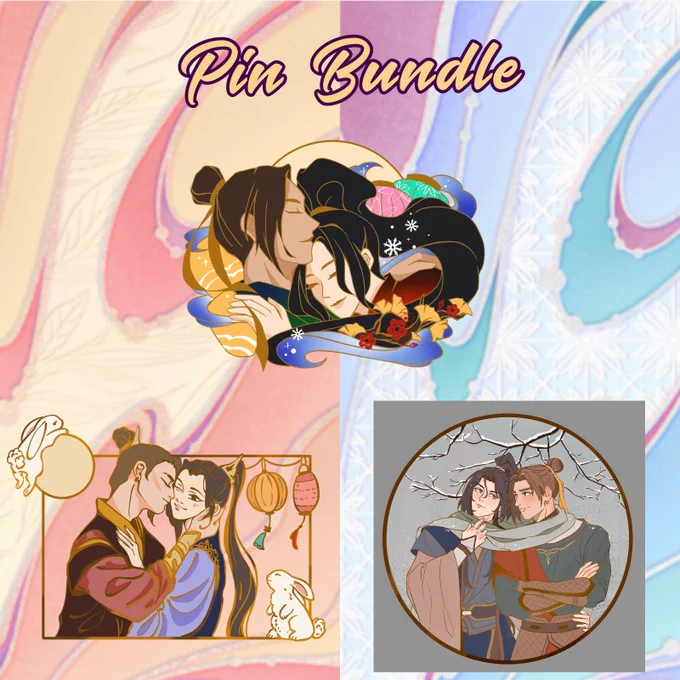 The image is divided in two; the left side has a swirly orange background and the autumn pin. Top middle the text 'Pin Bundle' is written in cursive yellow font. The right side has a blue swirly background and the winter pin. The joint pin is in the middle, over both autumn and winter background