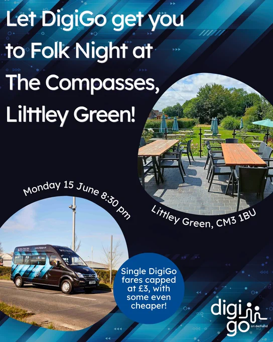DigiGo advert for Folk Night at The Compasses, Littley Green on Monday 15 June at 8:30 pm.