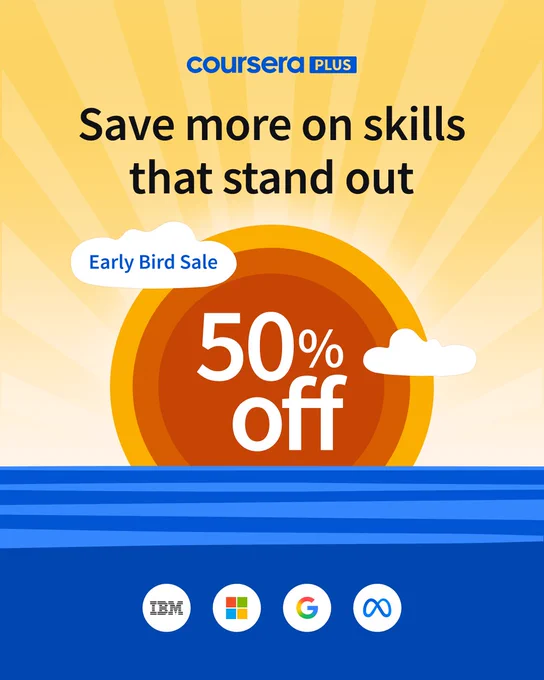 Coursera Plus ad: 'Save more on skills that stand out.' Features a sunny sky graphic with an orange sun, clouds, and blue water. Text reads 'Early Bird Sale' and '50% off'. Logos for IBM, Microsoft, Google, and Meta are at the bottom.