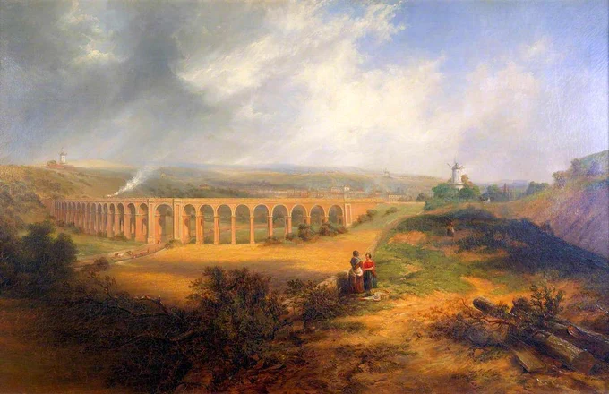 Oil painting looking across a rural valley which today is part of Brighton spanned by a curving brick railway viaduct with a steam train travelling towards Lewes. Two women stand in the foreground in conversation and two windmills are visible on hilltops.