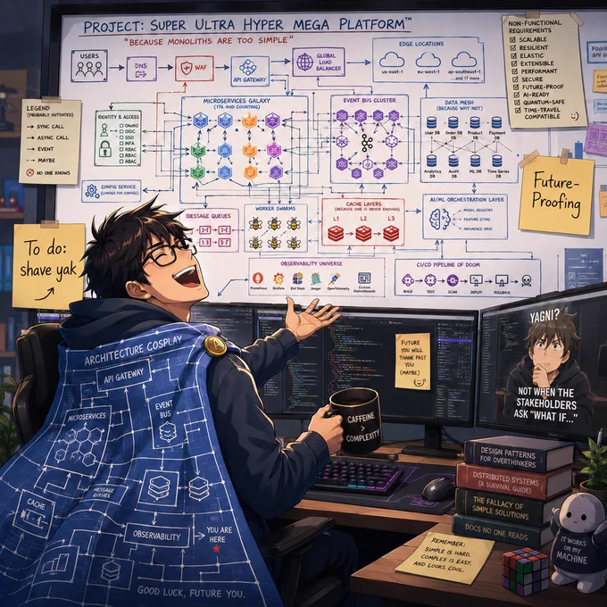 Anime styled image of an over-caffeinated engineer going nuts in the architectural design and requirements gathering phase.