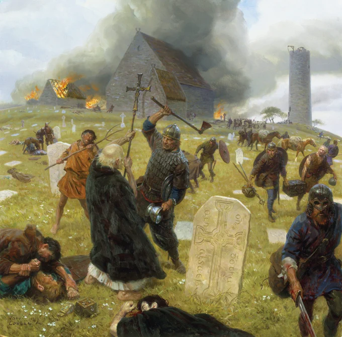 Ilustrasi ini menunjukkan stereotip para perampok Viking yang menebar kekacauan, bahkan terhadap para pendeta. Adegan tersebut menggambarkan biara di Clonmacnoise, Irlandia.

Ilustrasi oleh Tom Lovell