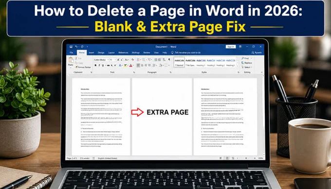 How to Delete a Page in Word in 2026 guide showing a laptop screen with Microsoft Word, blank extra page issue, and visual arrow highlighting the unwanted page.