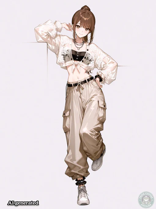 monochrome streetwear outfit, black bandeau crop top, black tube top, exposed midriff, thin white front tie detail, lightweight sheer white cropped cover-up, translucent summer cardigan, airy bolero style, long sheer sleeves, soft gathered cuffs, layered silver chain necklaces, oversized white asymmetrical cargo pants, one leg normal full-length baggy silhouette, the other leg featuring a very high and narrow thigh opening, the upper and lower parts of the pants fully separated, the lower section positioned higher than usual, the open gap kept narrow, connected vertically by two black support bands, one in front and one in back, black strap hardware, black D-ring detail near the waist, large cargo pockets, flap pockets with snap buttons, elastic waistband, gathered ankle cuffs, white chunky sneakers, lace-up sneakers, thick soles