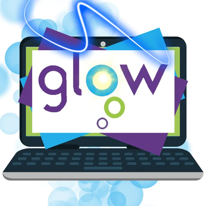 Laptop screen displaying the Glow logo with colourful abstract shapes around it.