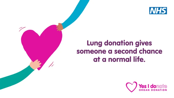 Two hands exchanging a large pink heart symbolizing lung donation and hope for a normal life.