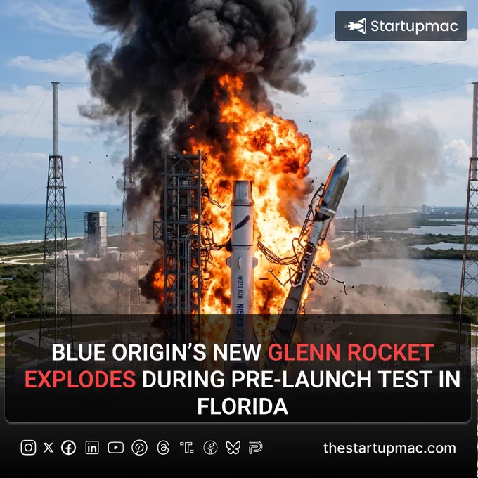Blue Origin’s 320-foot New Glenn rocket suffered a catastrophic anomaly and exploded during a routine "hotfire" static test at Cape Canaveral Space Force Station in Florida.