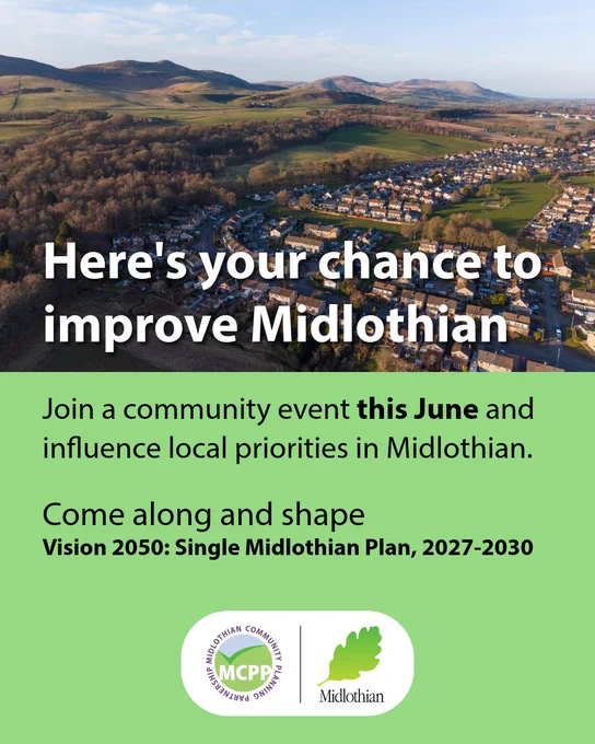 Aerial view of Midlothian's residential area with rolling hills in the background promoting a community event for local planning.