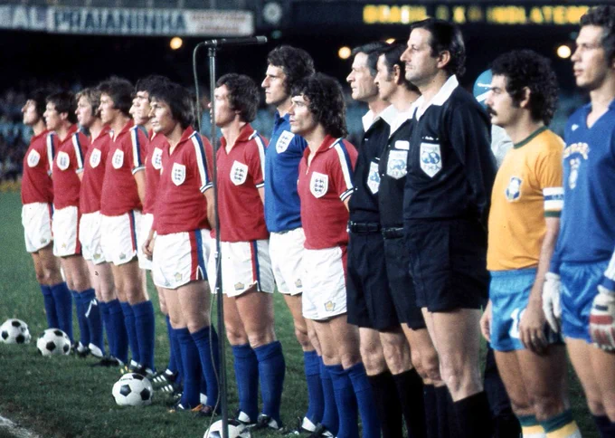 England and Brazil players line up before their friendly match in the Maracanã, Rio de Janeiro, June 8 1977.