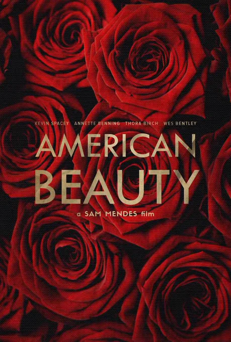 Less common movie poster for AMERICAN BEAUTY.  Almost all the others have either Spacey on them (yuck) or Mena Suvari half naked, which them also makes me think of Spacey (yuck)