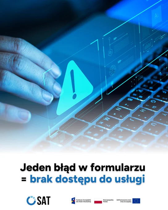 Jeden błąd w formularzu oznacza brak dostępu do usługi. Na ilustracji dłoń przy klawiaturze laptopa oraz symbol ostrzeżenia wskazujący na błąd.