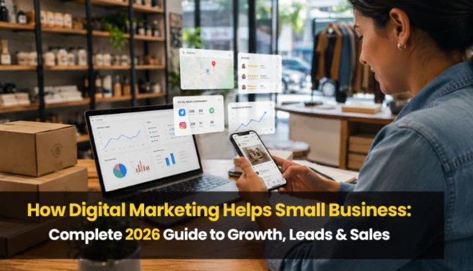 Small business owner using analytics tools and social media, showing How Digital Marketing Helps Small Business grow leads and sales in 2026.