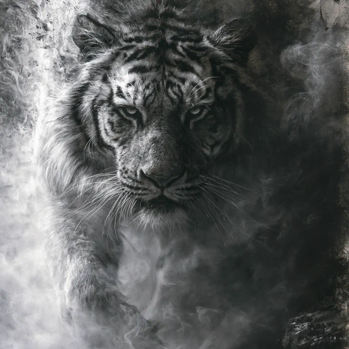 A majestic Bengal tiger emerging from drifting mist, rendered entirely in traditional charcoal drawing style. Powerful full-body composition, intense eyes fixed on the viewer, richly textured fur created with expressive charcoal strokes, dramatic monochrome palette, deep blacks and luminous whites, visible paper grain, masterful charcoal shading, smoky atmosphere, strong contrast, highly detailed whiskers and facial features, traditional fine art drawing, museum-quality realism, cinematic lighting, emotional and powerful presence, ultra-detailed charcoal masterpiece, textured artist paper, 8K.