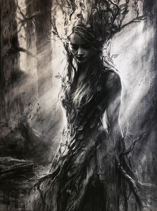 A beautiful dryad rendered entirely in traditional charcoal drawing style, standing within an ancient forest. Long flowing hair merges seamlessly into twisting branches and roots, delicate leaves woven throughout her hair and gown. Her eyes hold the wisdom of centuries as shafts of light filter through towering trees behind her. Rich charcoal textures, expressive hand-drawn strokes, deep shadows and luminous highlights, visible paper grain, masterful shading and smudging techniques, highly detailed bark textures and organic forms, atmospheric woodland setting, traditional fine art drawing, monochrome masterpiece, museum-quality charcoal realism, cinematic fantasy atmosphere, ultra-detailed, 8K.