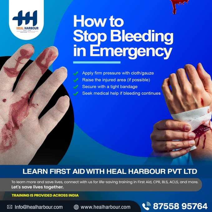 HOW TO STOP BLEEDING IN AN EMERGENCY🩸 

Quick action can help prevent serious blood loss.
Learn essential first aid skills with Heal Harbour Pvt. Ltd.🚑 

📞 Call Now: 8755895764
🌐 Learn More: www.healharbour.com


#FirstAid #EmergencyCare #BleedingControl #FirstAidTraining #EmergencyResponse #LifeSavingSkills #HealHarbour #SafetyTraining #SaveLives #MedicalEmergency