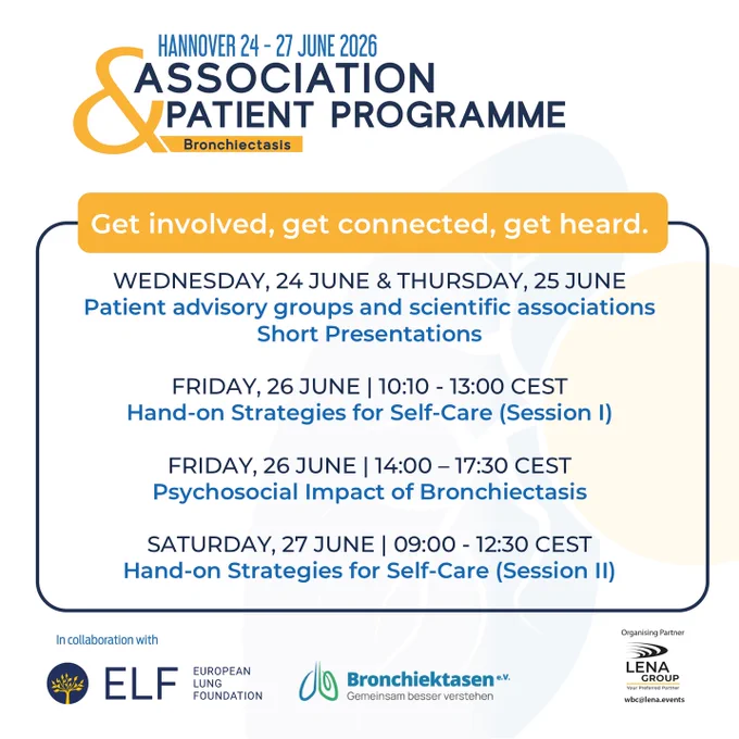 
Are you a patient or caregiver affected by bronchiectasis?
Come join the Association & Patient Programme at #WBConf26 
Get helpful knowledge and insights -  through Interactive sessions on self-care, real-life challenges, and emotional wellbeing.
🔗 https://bit.ly/4tibfW1

