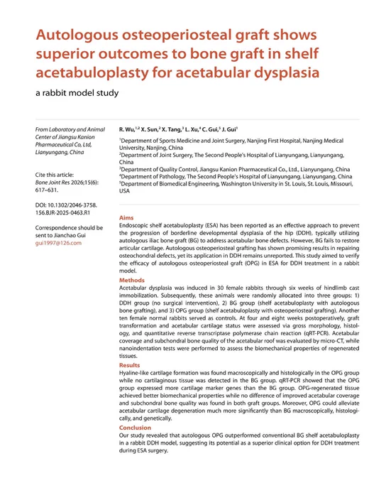 Bone & Joint Research. Abstract text for article titled 'Autologous osteoperiosteal graft shows superior outcomes to bone graft in shelf acetabuloplasty for acetabular dysplasia'.
