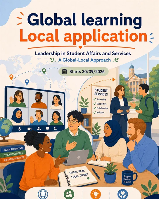 Illustrated register-interest graphic for Leadership in Student Affairs and Services: A Global-Local Approach, showing higher education professionals, an online cohort and a registration form.